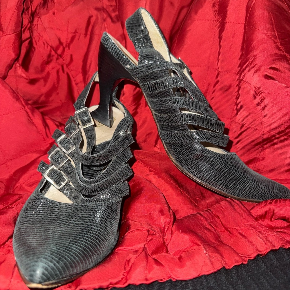 John Fluevog Black Textured Slingback Heels